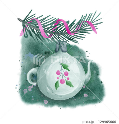 Retro Christmas tree toy little teapot on a green spruce branch watercolor illustration 129965666