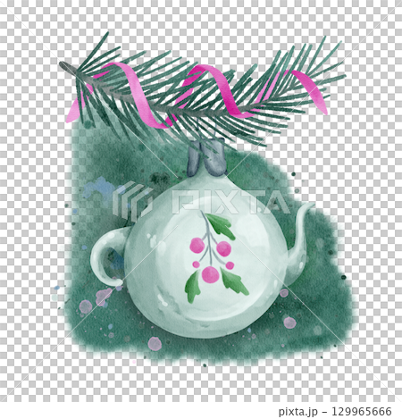 Retro Christmas tree toy little teapot on a green spruce branch watercolor illustration 129965666