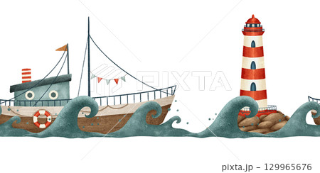 Charming and Whimsical Illustration of a Boat and Lighthouse amidst the Rolling Waves at Sea Charming and Whimsical Illustration of a Boat and Lighthouse amidst the Rolling Waves at Sea 129965676