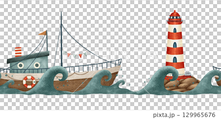 Charming and Whimsical Illustration of a Boat and Lighthouse amidst the Rolling Waves at Sea 129965676