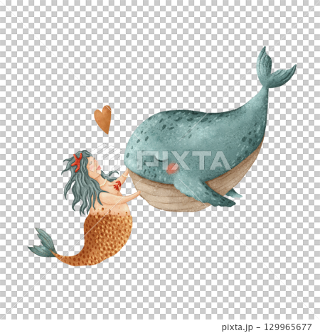 A Whimsical Illustration Featuring a Mermaid and a Whale in a Charming Aquatic Scene 129965677