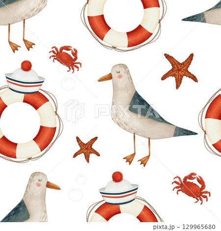 A vibrant Coastal Pattern featuring Seagulls, Lifebuoys, Crabs, and Starfish in a playful scene 129965680