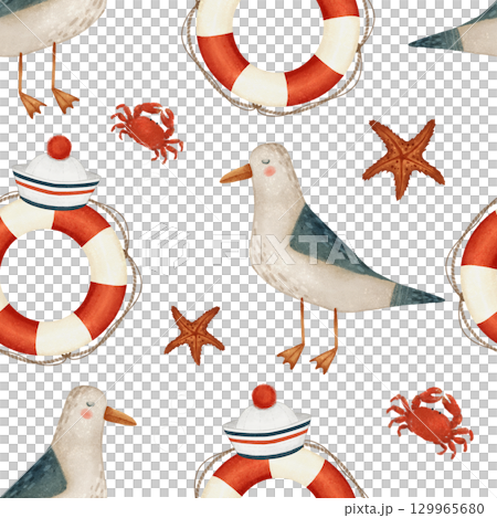 A vibrant Coastal Pattern featuring Seagulls, Lifebuoys, Crabs, and Starfish in a playful scene 129965680