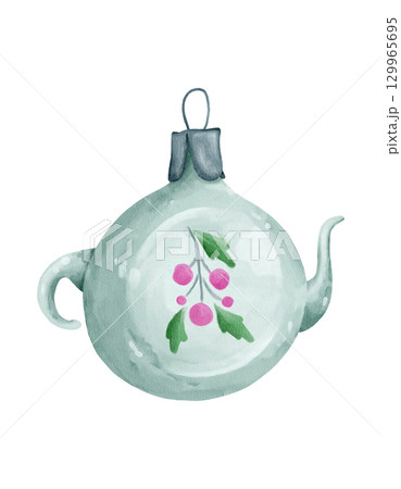 Small Teapot with Flower Decor Retro Christmas Tree Toy Watercolor Illustration 129965695