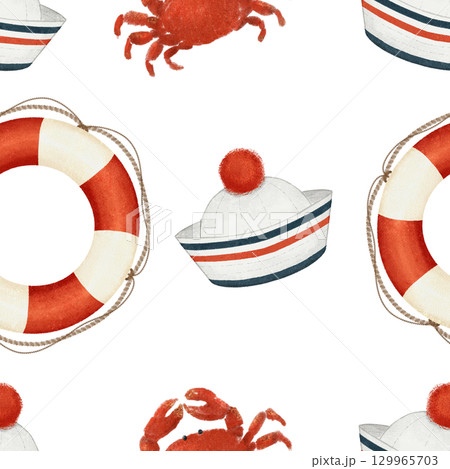 A Coastal Inspired Pattern Featuring Crab and Lifebuoy Elements for a Nautical Vibe 129965703
