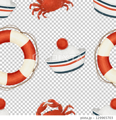 A Coastal Inspired Pattern Featuring Crab and Lifebuoy Elements for a Nautical Vibe 129965703
