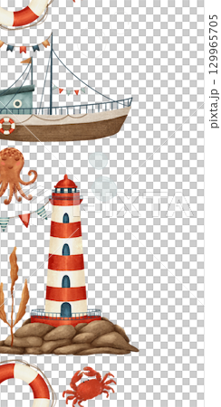 Charming and colorful Nautical Illustrations featuring a Lighthouse, Boat, and various Sea Creatures Charming and colorful Nautical Illustrations featuring a Lighthouse, Boat, and various Sea Creatures 129965705