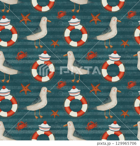Seagulls, lifebuoys, sailor's caps, crabs and starfish on seamless pattern. 129965706