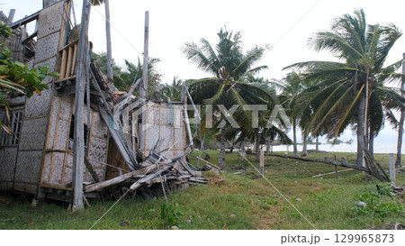Palm trees sway as bamboo hut debris lies scattered revealing aftermath of violent typhoon Palm trees sway as bamboo hut debris lies scattered revealing aftermath of violent typhoon 129965873