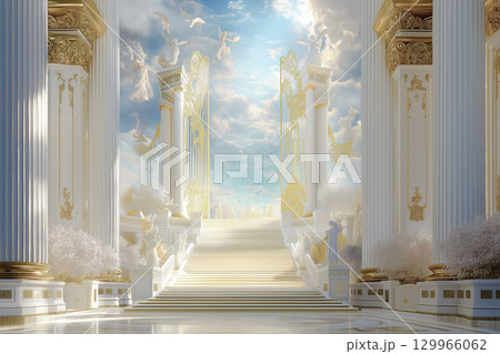 幻想的な神殿。天国の門と黄金の階段。ファンタジーイラスト 129966062