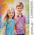 笑顔でポーズをとる仲良しのきょうだいのイラスト 129966091
