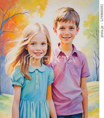 笑顔でポーズをとる仲良しのきょうだいのイラスト 129966091
