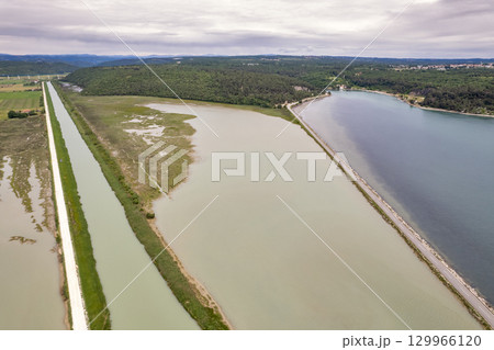 Aerial drone view of Mirna river valley. Istria, Croatia. 129966120