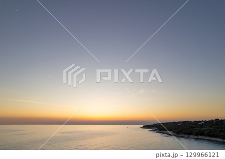Aerial drone sunset view of Lanterna peninsula, Istria, Croatia. 129966121