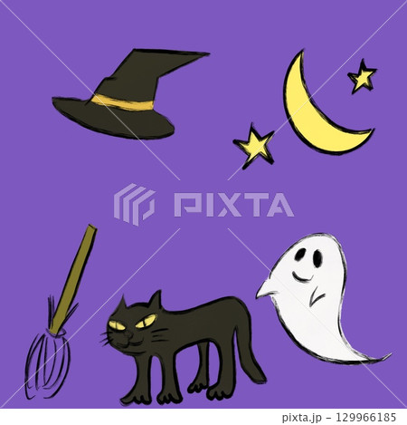 夜空とハロウィンの黒猫とおばけのかわいいイラストセット 夜空とハロウィンの黒猫とおばけのかわいいイラストセット 129966185
