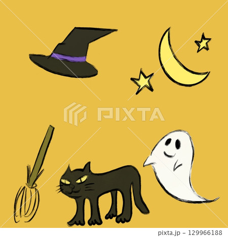 オレンジ背景のハロウィン 黒猫とおばけのかわいいイラストセット オレンジ背景のハロウィン 黒猫とおばけのかわいいイラストセット 129966188