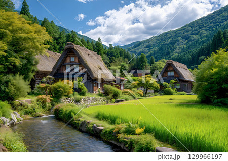 水田に映る白川郷合掌造り 水田に映る白川郷合掌造り 129966197
