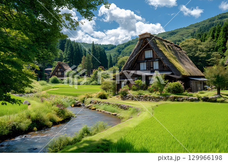 水田のある白川郷 129966198