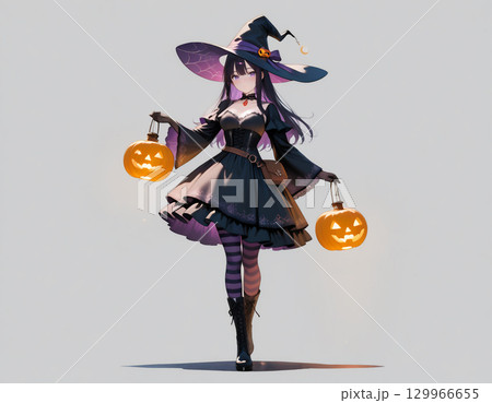 可愛い魔女とジャックオランタンのハロウィンイラスト 129966655
