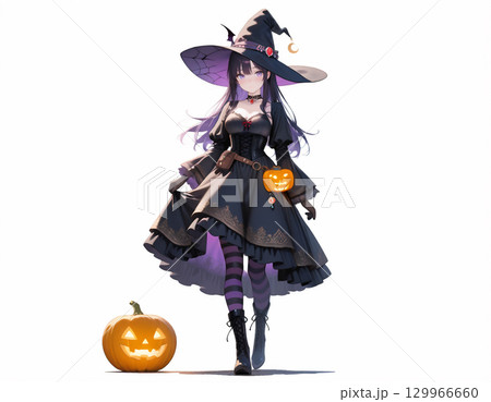 可愛い魔女とジャックオランタンのハロウィンイラスト 129966660