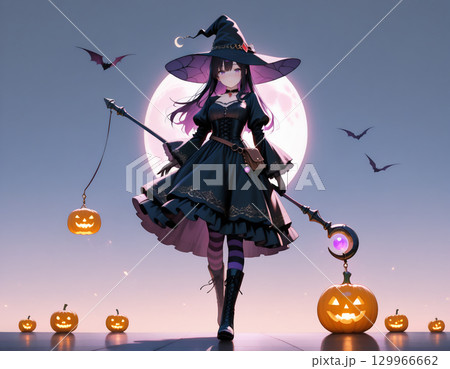 可愛い魔女とジャックオランタンのハロウィンイラスト 129966662