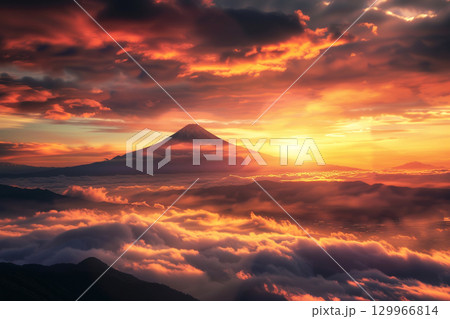 雲海に浮かぶ富士山と朝焼けの絶景 129966814