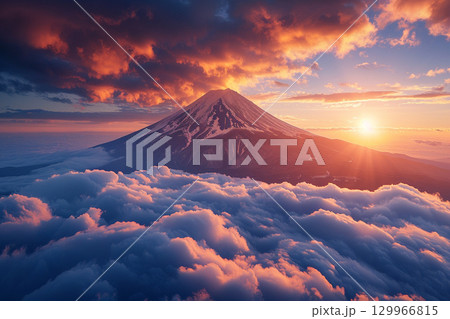 雲海に浮かぶ富士山と朝焼けの絶景 129966815