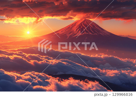雲海に浮かぶ富士山と朝焼けの絶景 129966816
