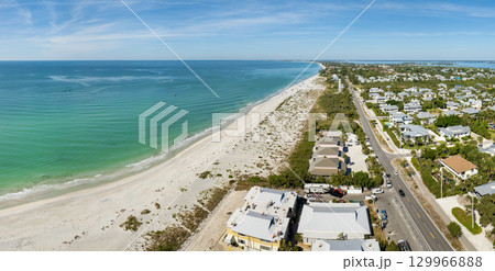 American waterfront houses in rural US suburbs. View from above of large residential homes in island small town Boca Grande on Gasparilla Island in southwest Florida 129966888