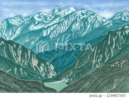 北アルプス水晶岳山頂からの山々　白馬三山　白馬岳、杓子岳、白馬鑓ヶ岳　 129967265