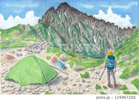 剣沢キャンプ場と剣岳の雄姿　ソロテント 129967288
