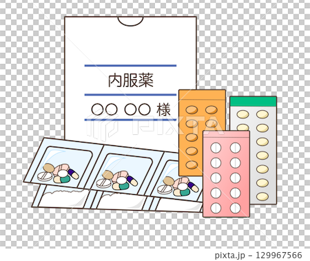 Illustration of a large amount of medicine, such as tablets and single-dose medicines, and a medicine bag 129967566