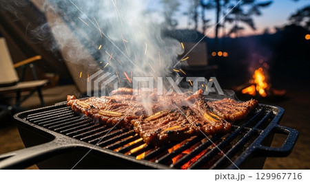 バーベキューで焼かれる肉 バーベキューで焼かれる肉 129967716