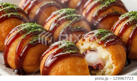 ソースをかけたたこ焼き ソースをかけたたこ焼き 129967723