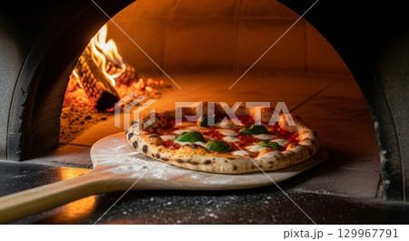 ピザを焼いている瞬間 ピザを焼いている瞬間 129967791