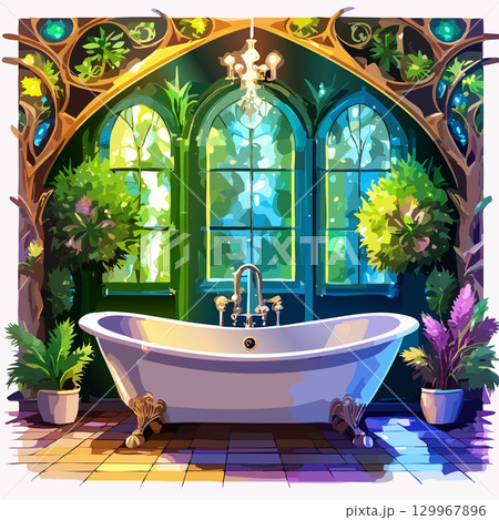 大きな窓と植物に囲まれたカラフルな浴室のベクターイラスト 129967896