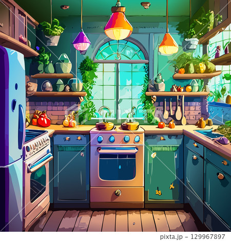 カラフルで楽しい雰囲気のお洒落なキッチンのベクターイラスト 129967897