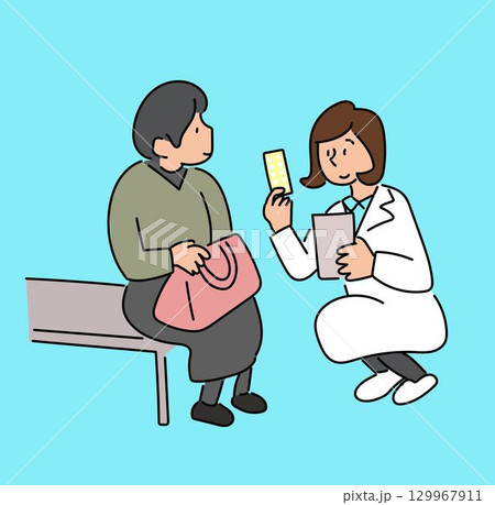 患者目線で薬の説明をする薬剤師のイラスト 129967911