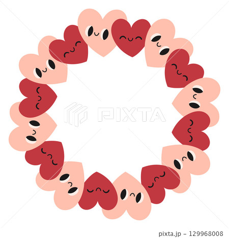 Valentines day heart circle frame. Round love themed border made of hearts. Pink and red colors happy valentine day hand drawn banner vector isolated on white background. 129968008