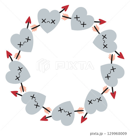 Valentines day heart circle frame. Round love themed border made of hearts. Light blue color sad valentine day hand drawn banner vector isolated on white background. 129968009