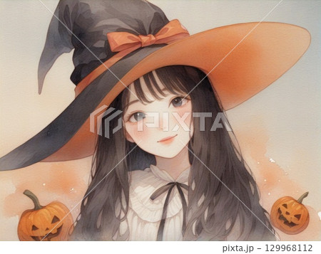 水彩で描いたハロウィンの仮装をした女の子のイラスト5 129968112