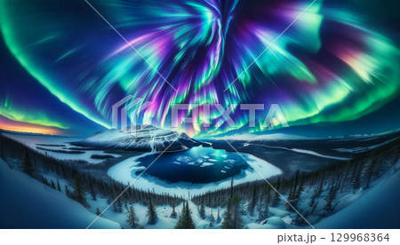 冬の夜空に輝くオーロラと星空 129968364