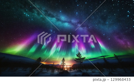 カラフルなオーロラと天の川が輝く北国の星空 カラフルなオーロラと天の川が輝く北国の星空 129968433