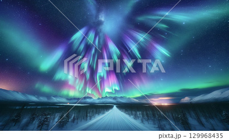 冬の夜空に輝くオーロラと星空 冬の夜空に輝くオーロラと星空 129968435