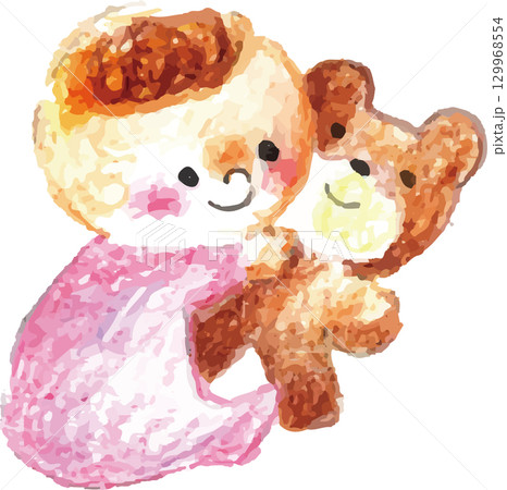 色鉛筆で描いたくまのぬいぐるみと赤ちゃん 129968554