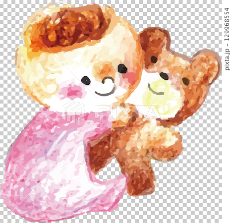 色鉛筆で描いたくまのぬいぐるみと赤ちゃん 129968554