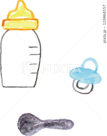 手書きで描いた哺乳瓶とおしゃぶりとスプーン 手書きで描いた哺乳瓶とおしゃぶりとスプーン 129968557