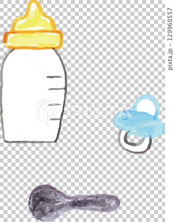 手書きで描いた哺乳瓶とおしゃぶりとスプーン 手書きで描いた哺乳瓶とおしゃぶりとスプーン 129968557