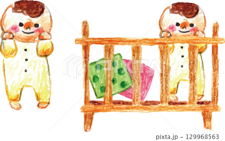 色鉛筆で描いたベビーベッドと赤ちゃん 129968563