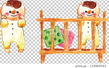 色鉛筆で描いたベビーベッドと赤ちゃん 129968563